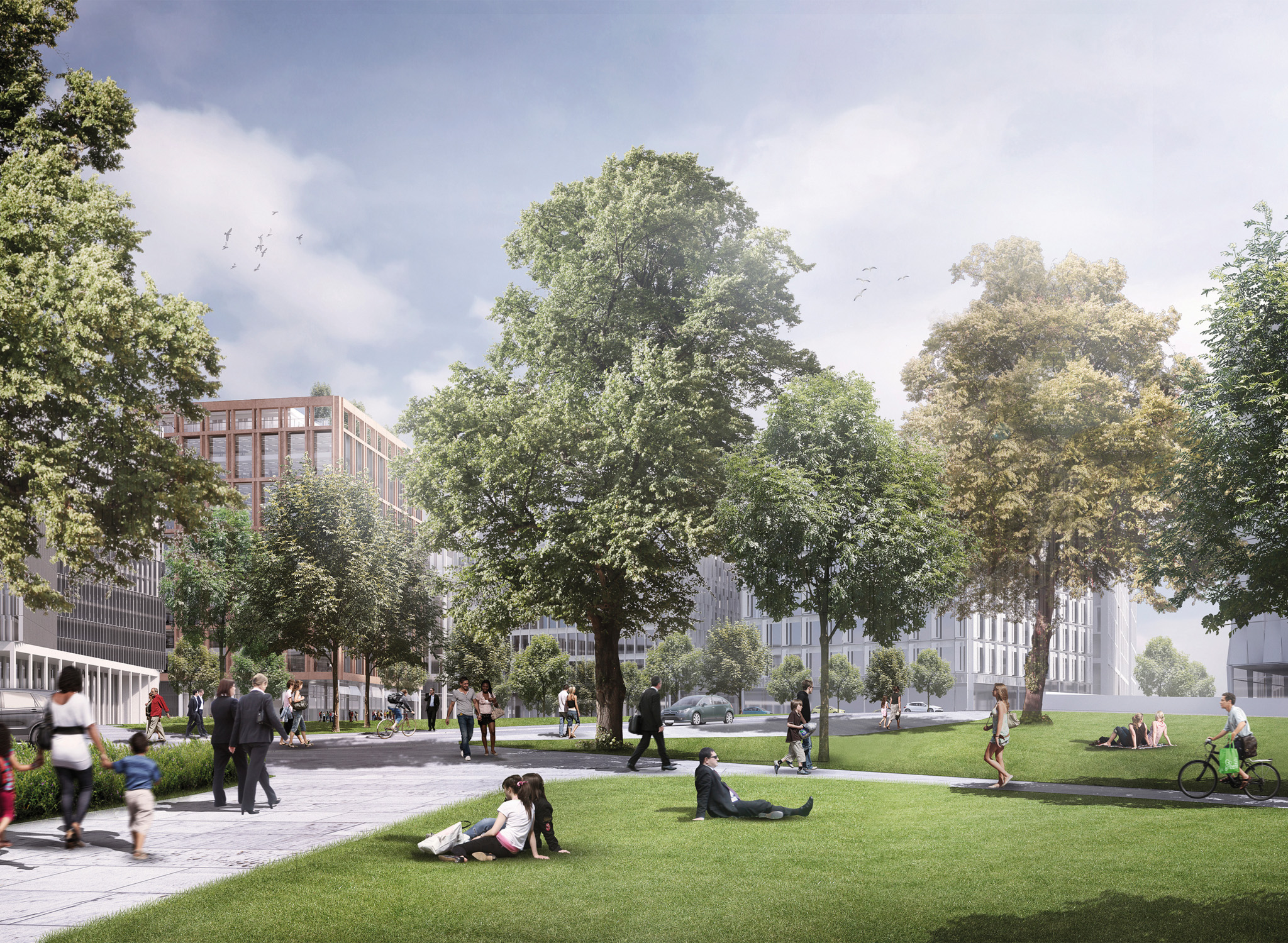 Park land and public realm around Friargate Coventry. CGI.