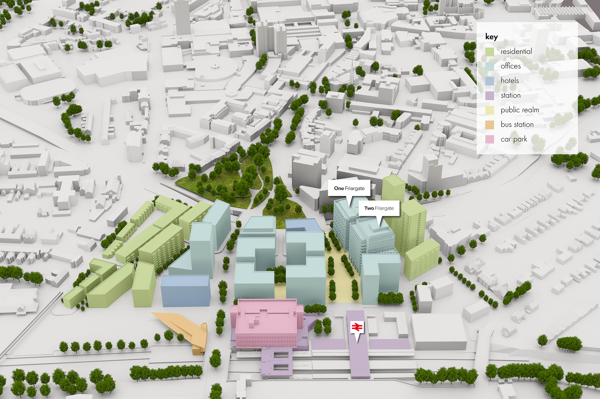 Aerial view of the Friargate development highlighting key buildings. Illustration.